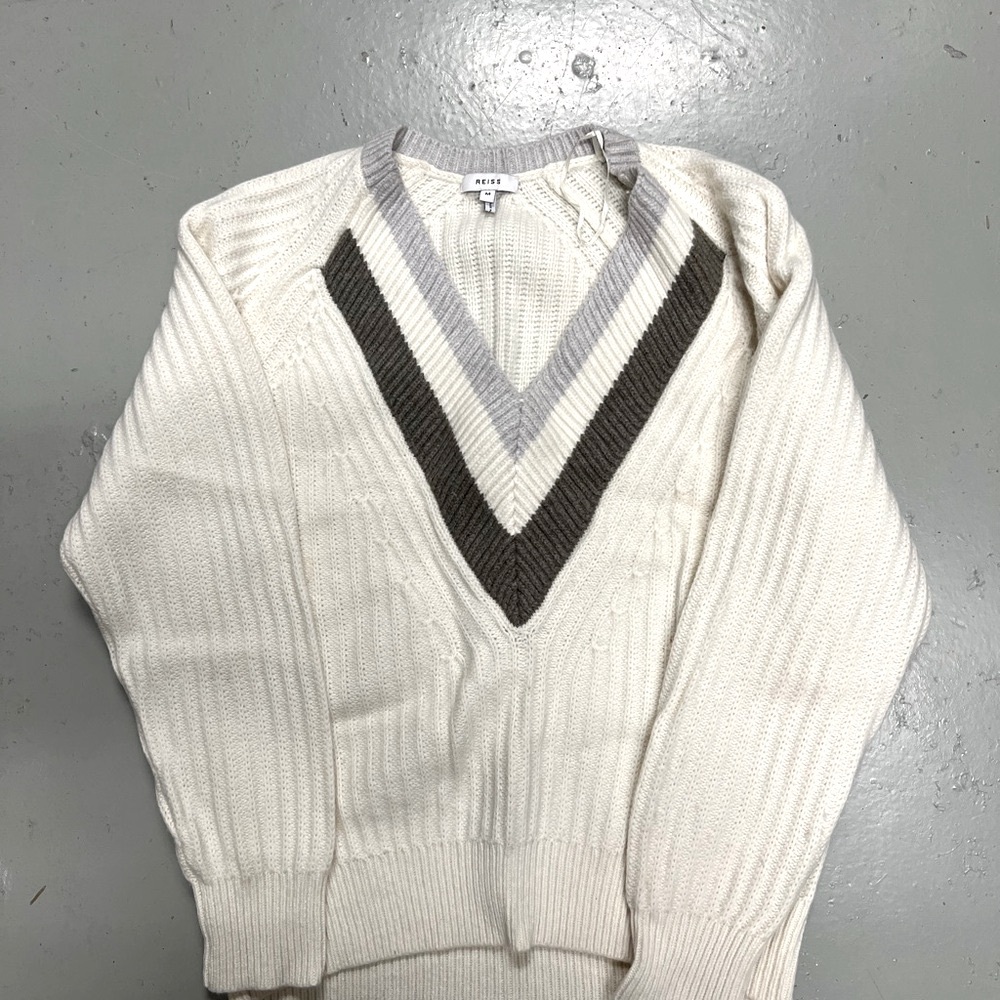 Reiss Cream and Brown V-Neck Sweater